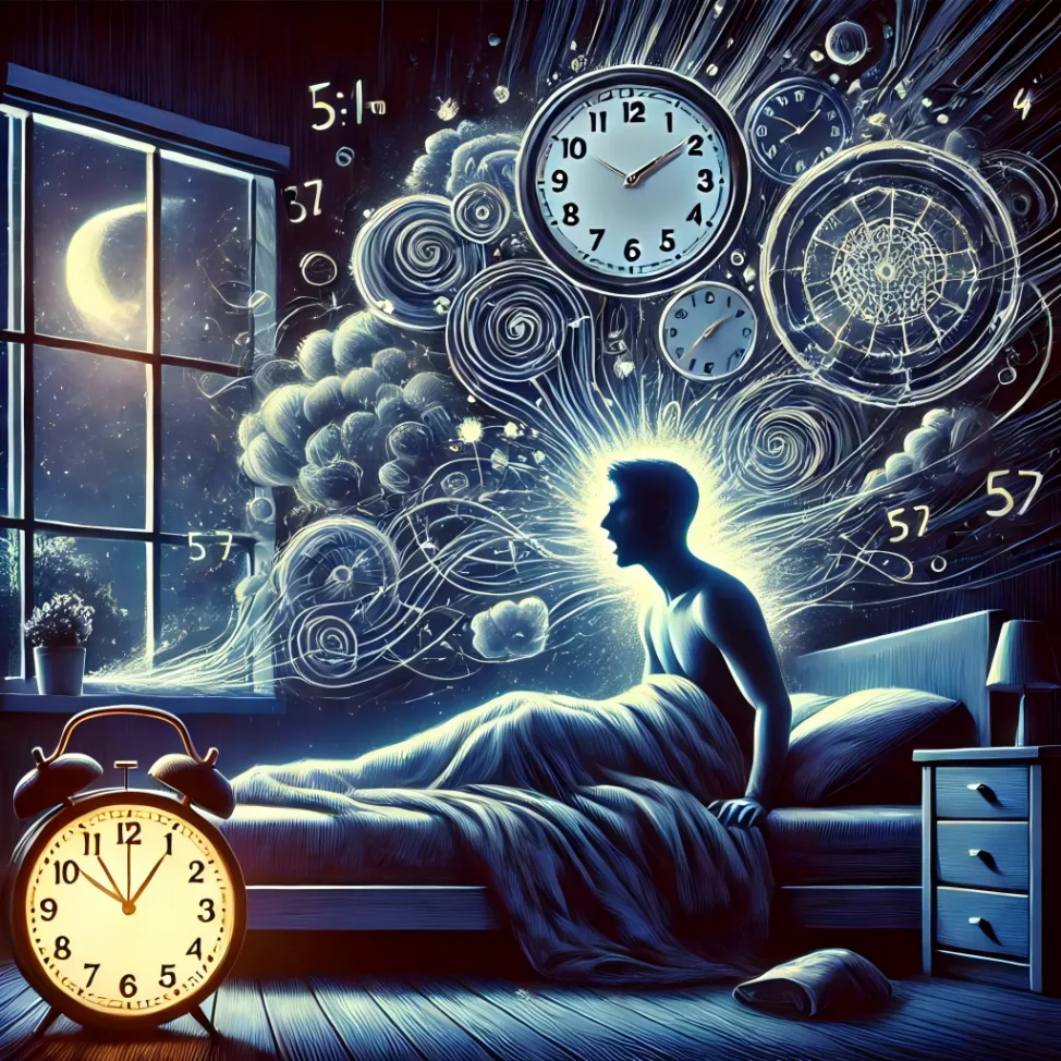 DALL·E 2024-09-17 22.33.49 - A conceptual illustration depicting insomnia disorder. The image shows a person lying awake in bed at night with a restless expression, surrounded by (1)